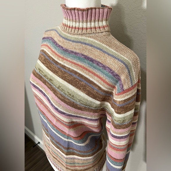 Vintage Y2K Pastel Pink and Silver Striped Multicolor Turtleneck Tiara Sweater - Picture 2 of 14